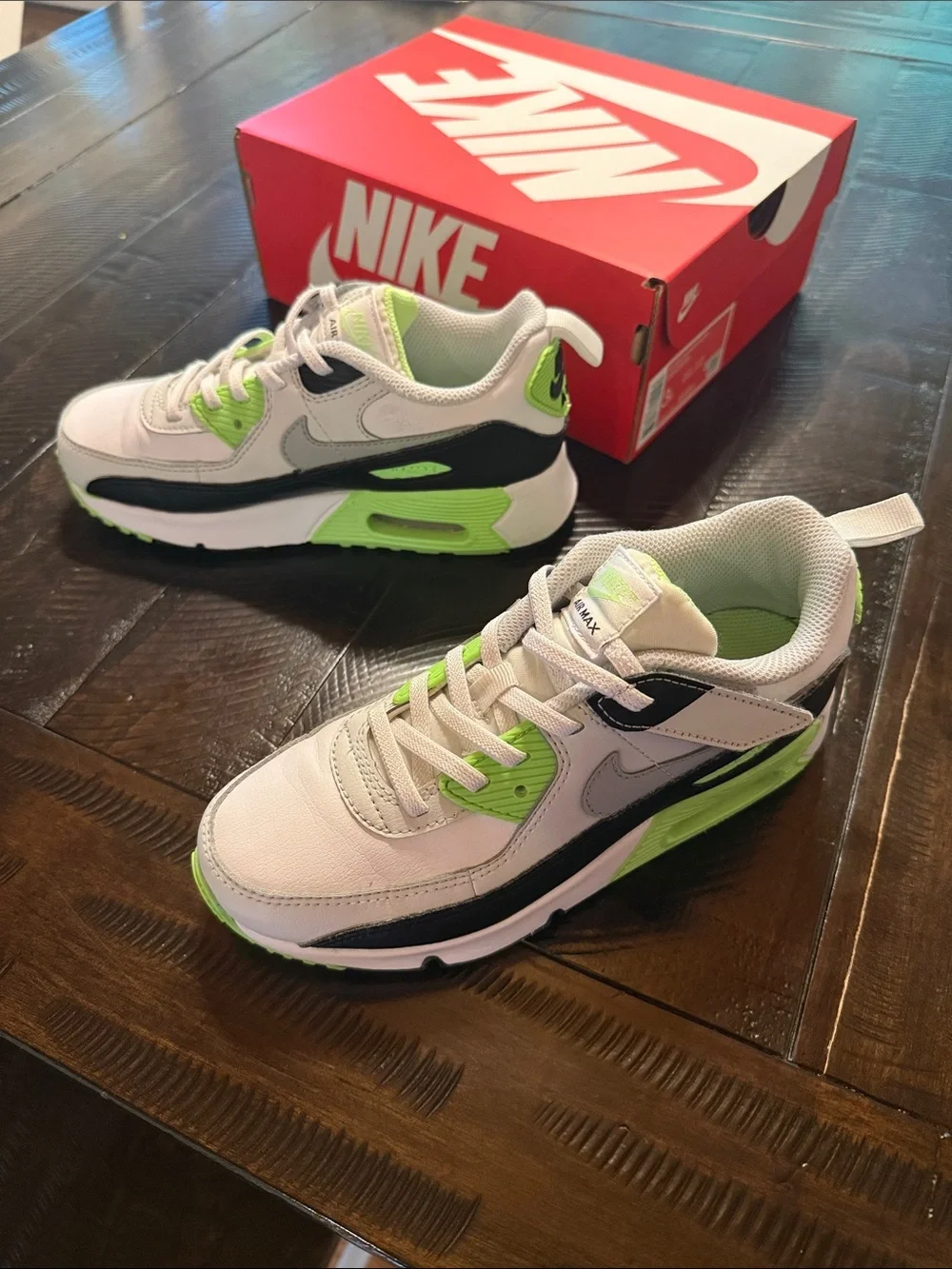Nike Kids' Air Max 90 Eason(PS) in Light Gray, Black & Neon Green